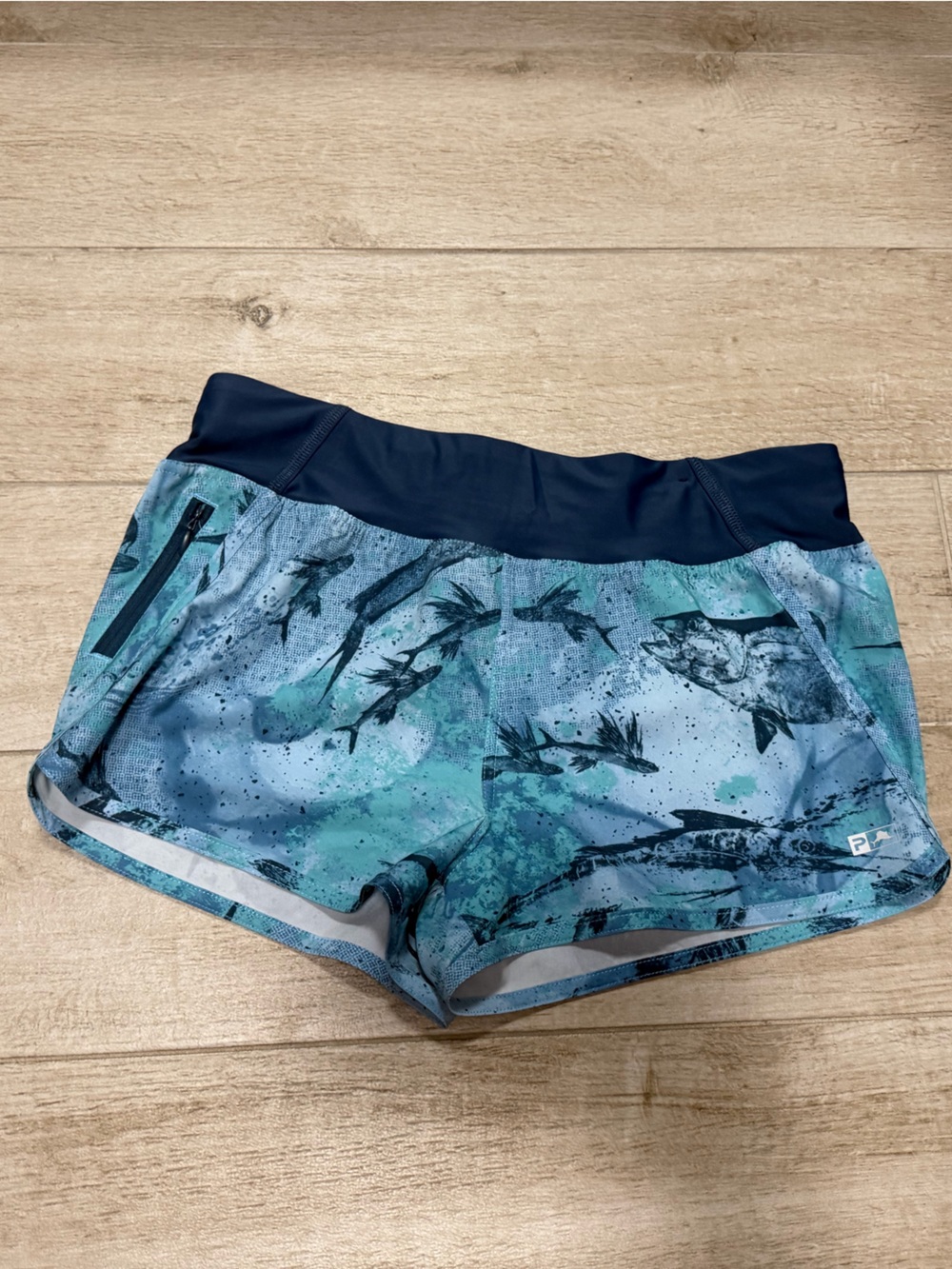 NWOT Pelagic Women's Navy and Teal Ocean Print Athletic Shorts - Picture 2 of 3